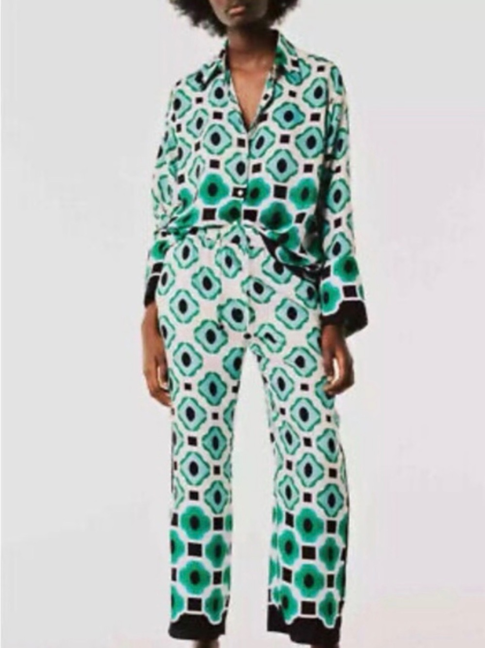 Zara Green Geometric Wide-Leg top and bottom.  Sold as set.